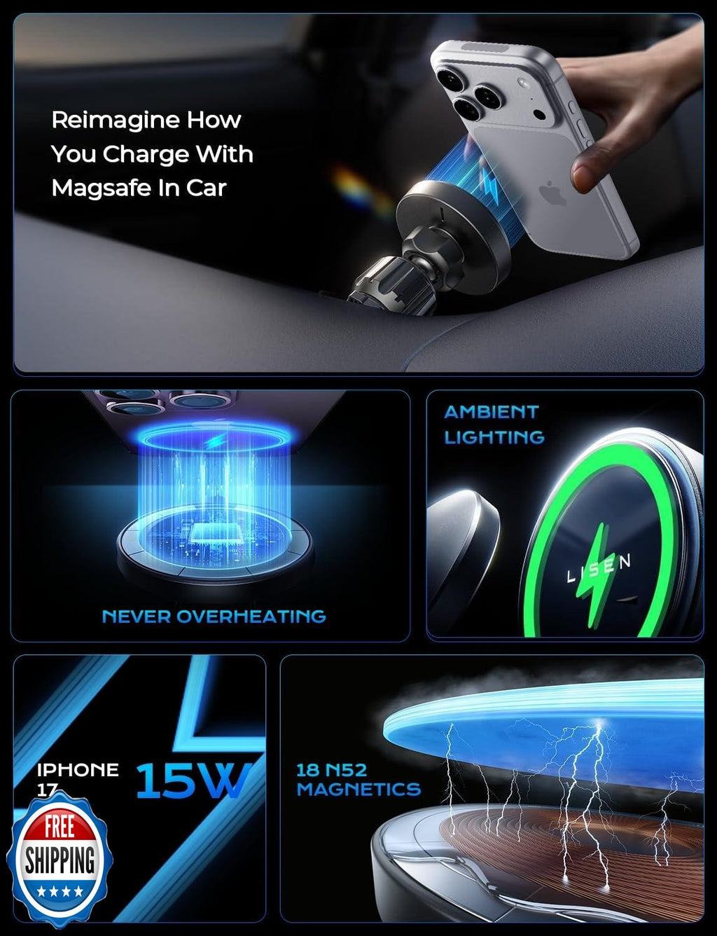 LISEN for 15W Magsafe Car Mount Charger,Magnet